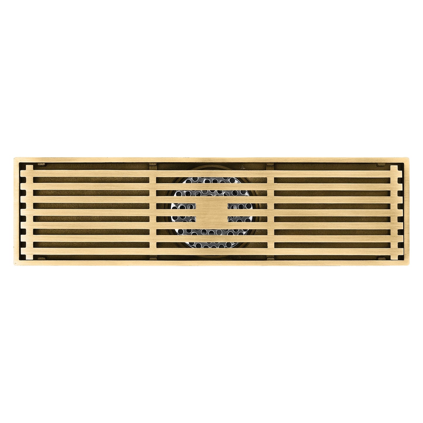 12-Inch Brushed Gold Rectangular Floor Drain - Square Hole Pattern Cover Grate - Removable - Includes Accessories