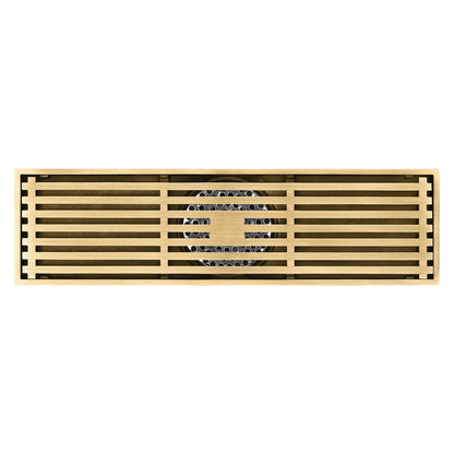 12-Inch Brushed Gold Rectangular Floor Drain - Square Hole Pattern Cover Grate - Removable - Includes Accessories