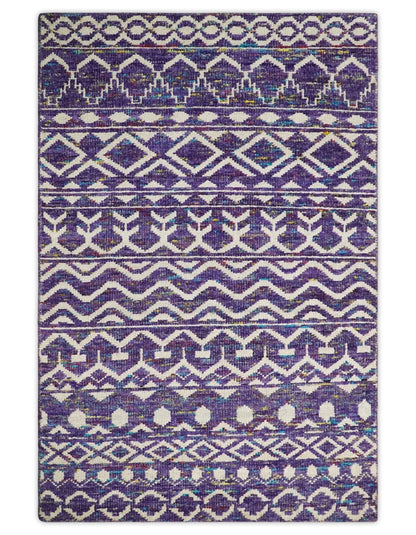 Hand Knotted Blue and White Modern Contemporary Southwestern Tribal Trellis Recycled Silk Area Rug