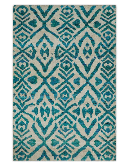 Hand Knotted Ivory and Blue Modern Contemporary Southwestern Tribal Trellis Recycled Silk Area Rug