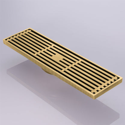 12-Inch Brushed Gold Rectangular Floor Drain - Square Hole Pattern Cover Grate - Removable - Includes Accessories