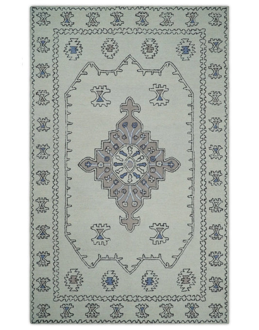 Ivory and Peach Persian Style Antique Hand Tufted Wool Area Rug