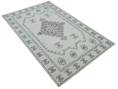 Ivory and Peach Persian Style Antique Hand Tufted Wool Area Rug