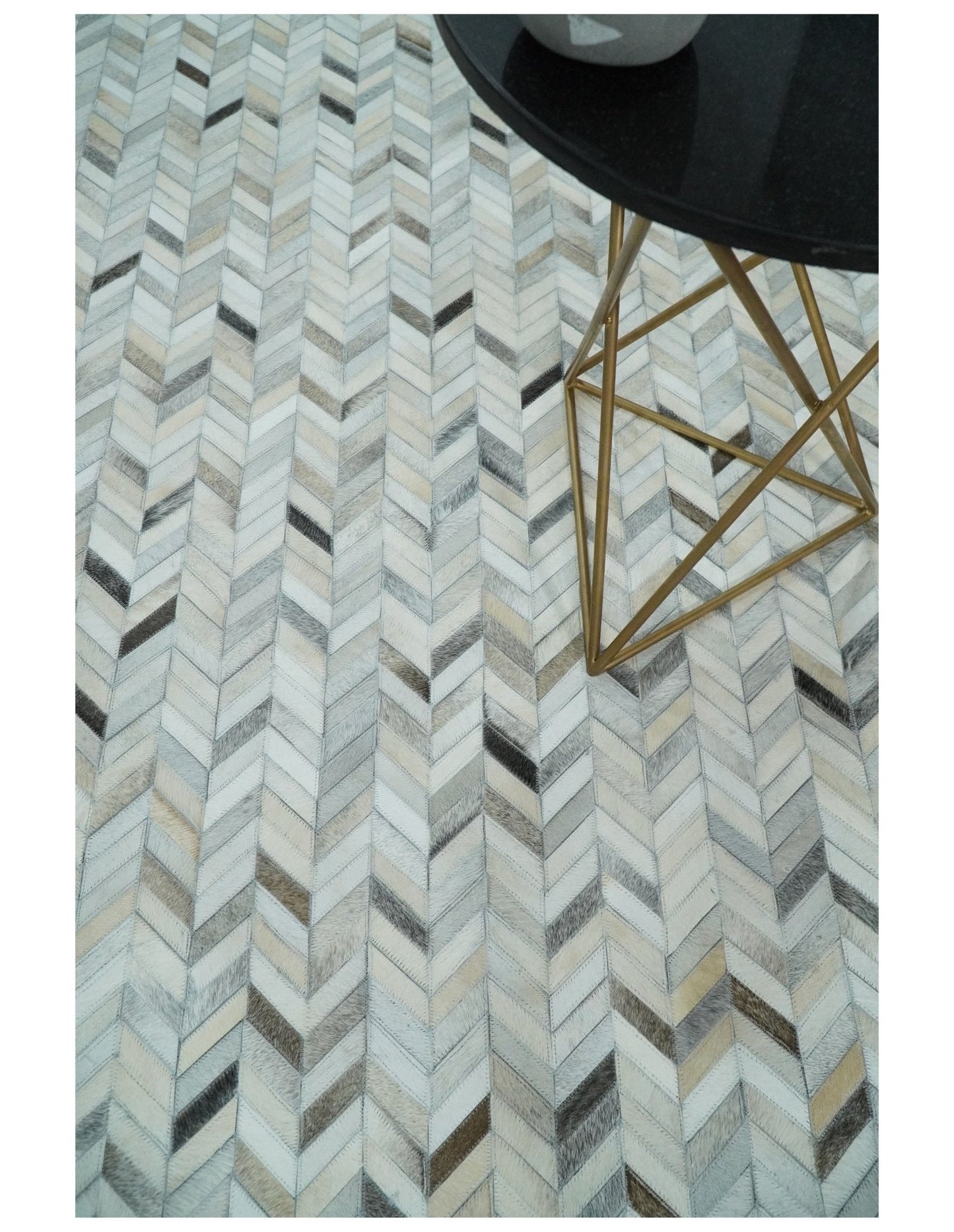 Genuine Leather Chevron Design Handmade Ivory and Silver Area Rug