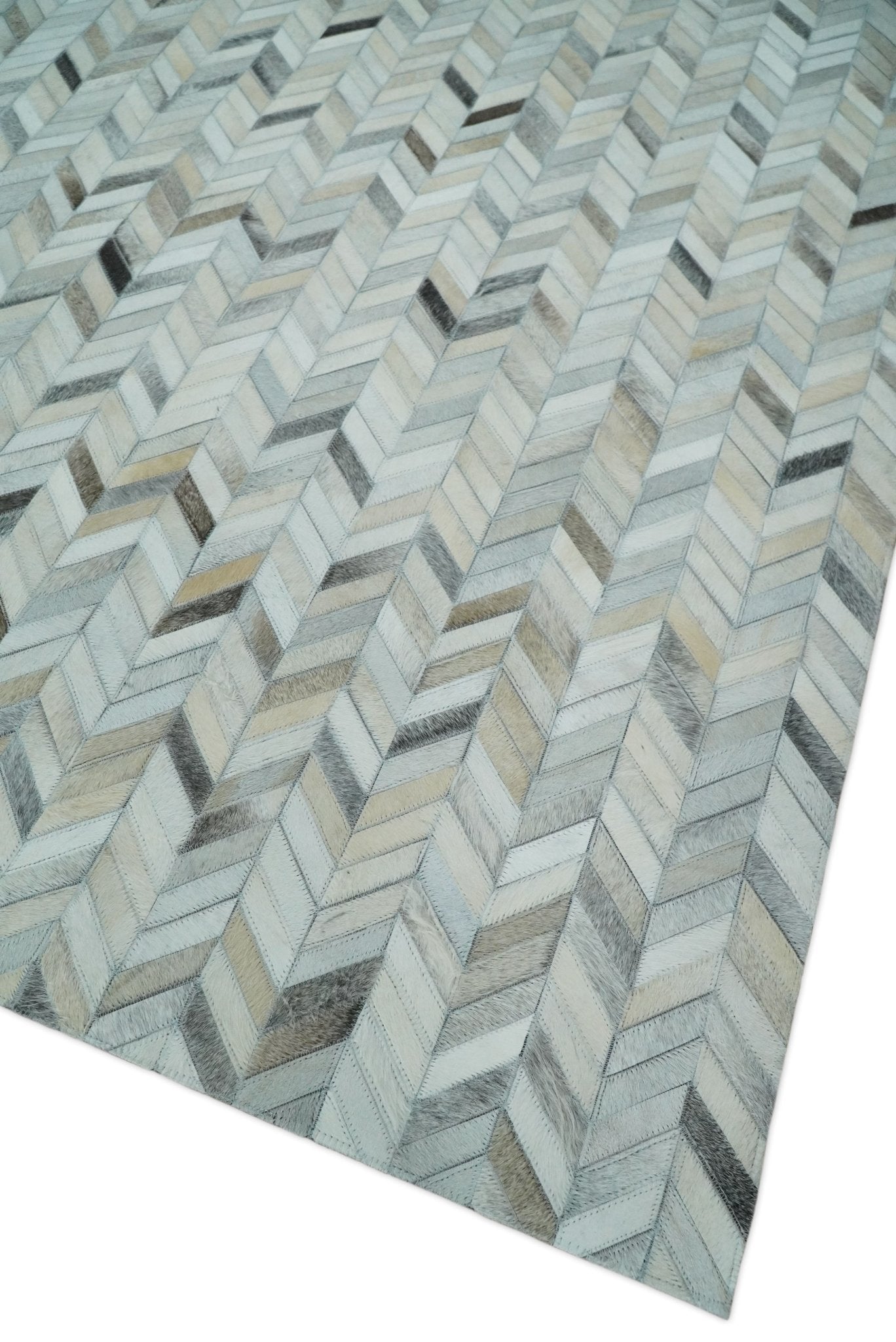 Genuine Leather Chevron Design Handmade Ivory and Silver Area Rug