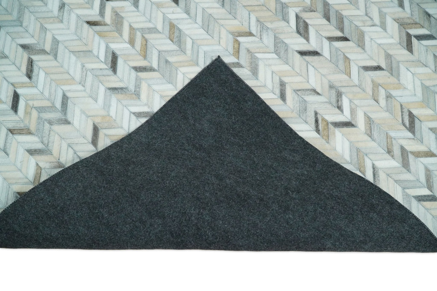 Genuine Leather Chevron Design Handmade Ivory and Silver Area Rug