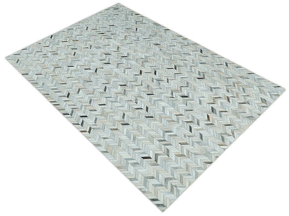 Genuine Leather Chevron Design Handmade Ivory and Silver Area Rug