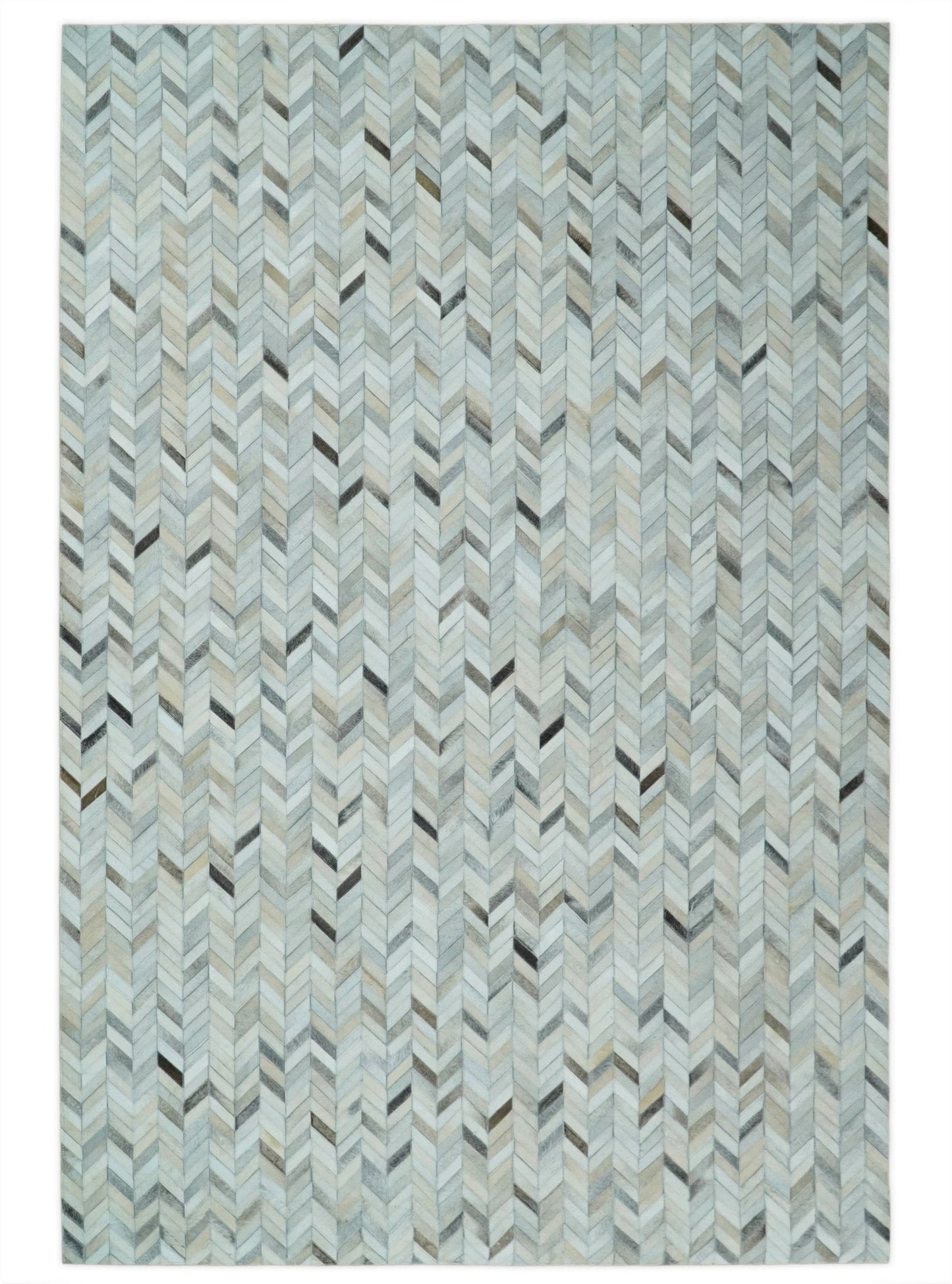 Genuine Leather Chevron Design Handmade Ivory and Silver Area Rug