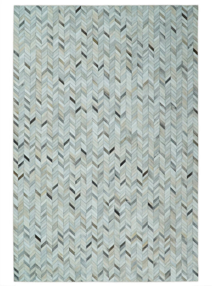 Genuine Leather Chevron Design Handmade Ivory and Silver Area Rug