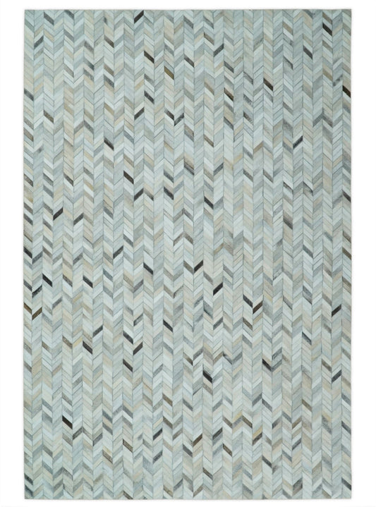 Genuine Leather Chevron Design Handmade Ivory and Silver Area Rug