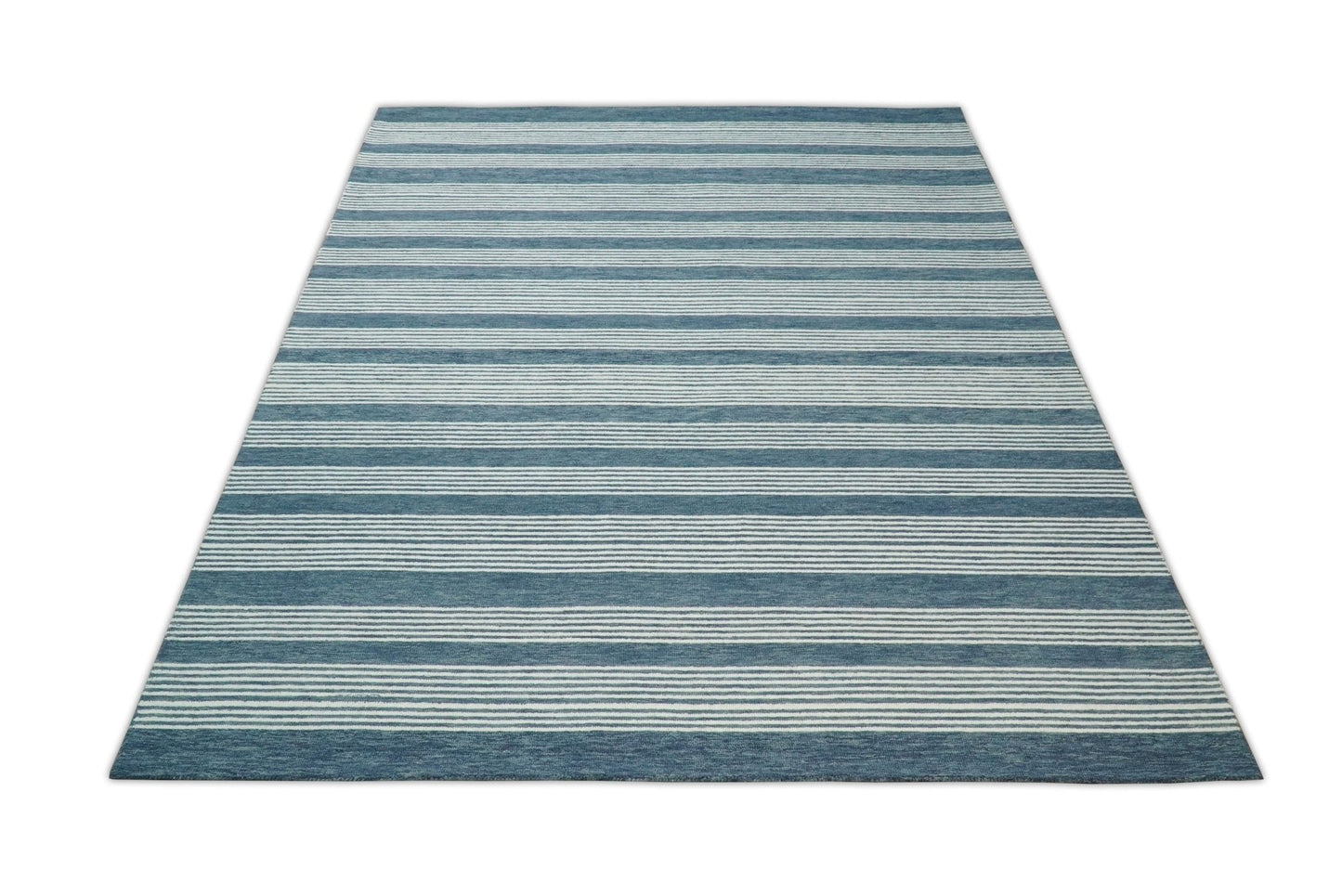 Hand Made Woolen Modern Stripes White and Blue Area Rug