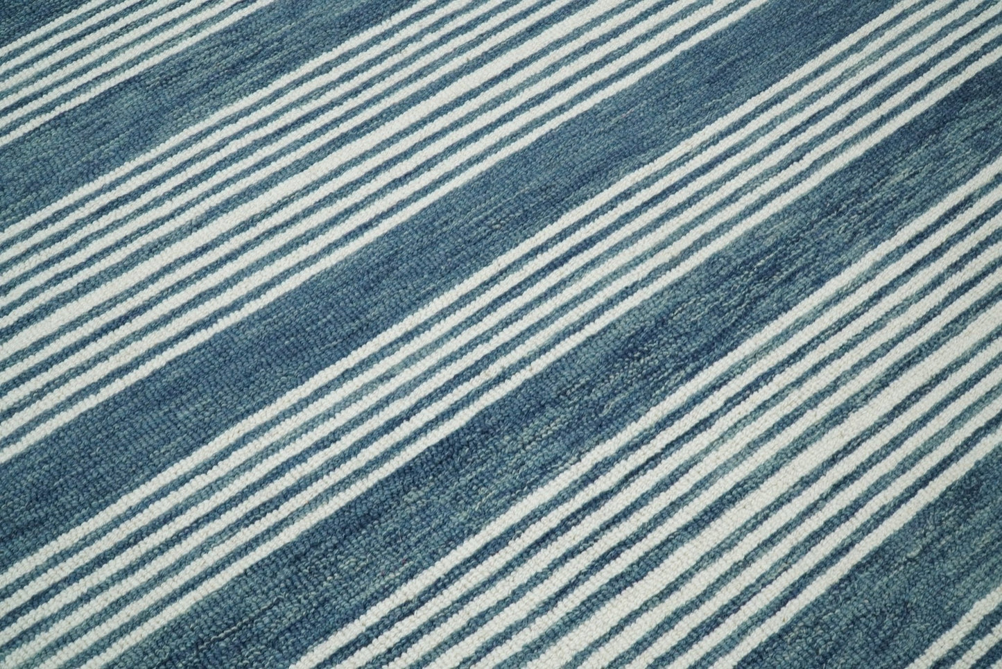 Hand Made Woolen Modern Stripes White and Blue Area Rug