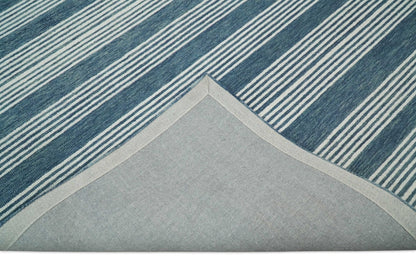 Hand Made Woolen Modern Stripes White and Blue Area Rug