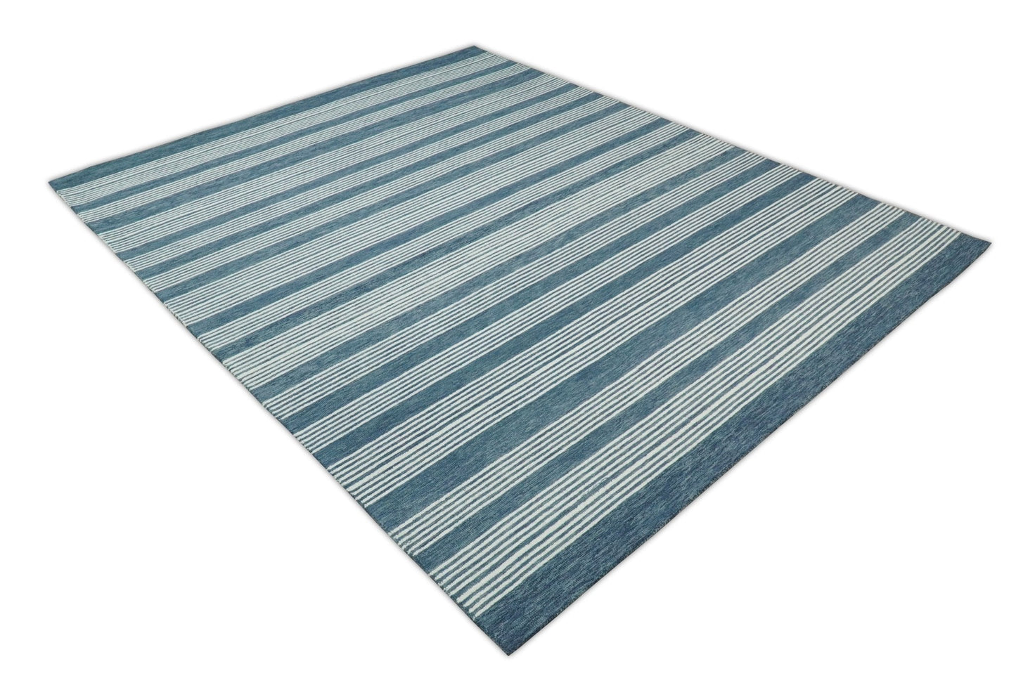 Hand Made Woolen Modern Stripes White and Blue Area Rug