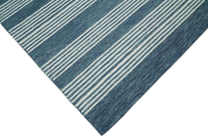 Hand Made Woolen Modern Stripes White and Blue Area Rug