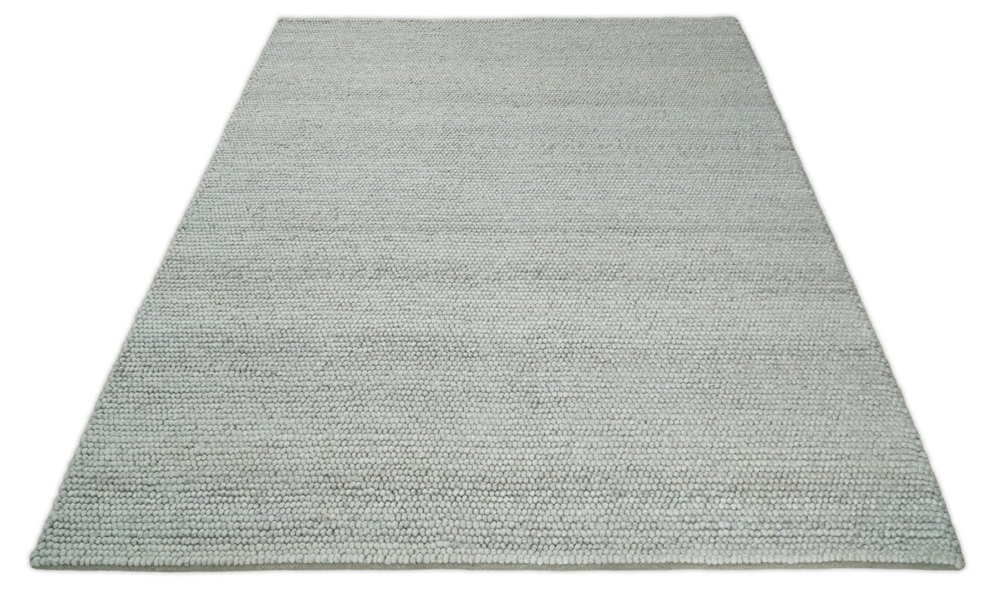 Solid Silver Wool Blend Felted Chunky Hand Woven Area Rug