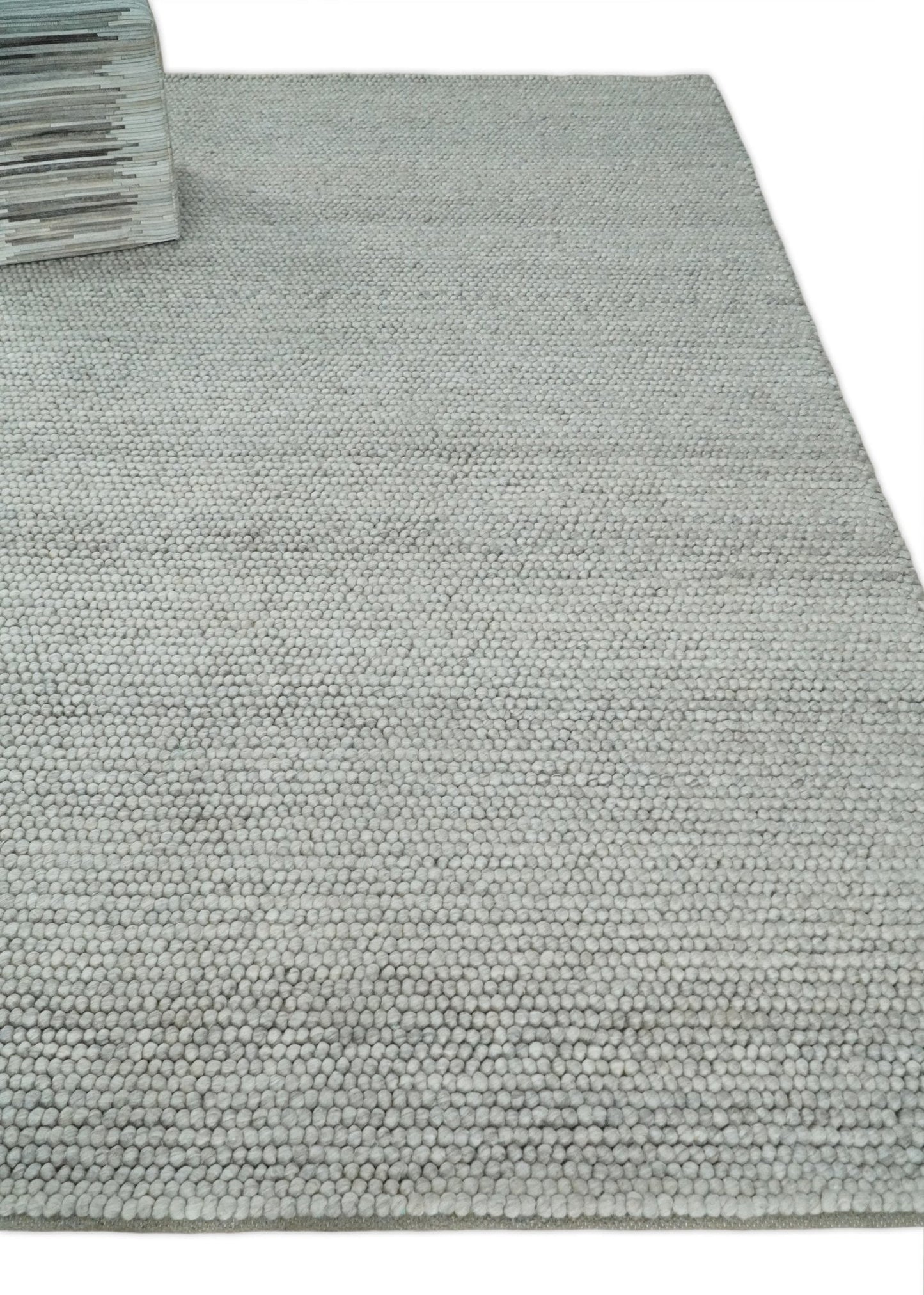 Solid Silver Wool Blend Felted Chunky Hand Woven Area Rug