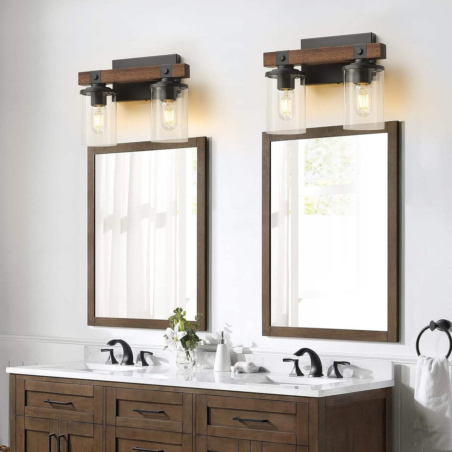 Rustic Wooden Farmhouse Vanity Wall Light with Clear Glass Shade