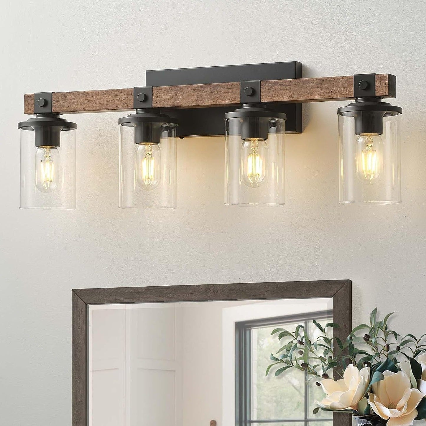 Rustic Wooden Farmhouse Vanity Wall Light with Clear Glass Shade