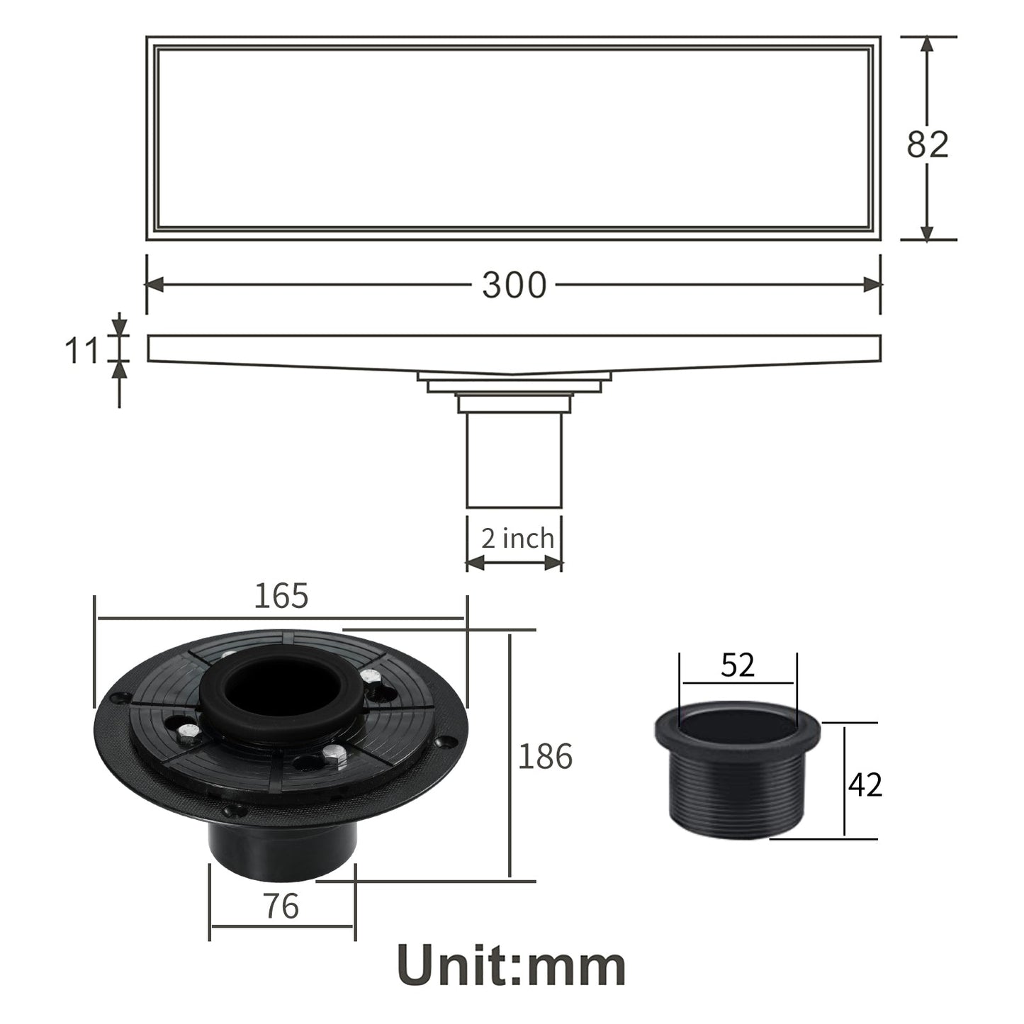 12-Inch Matte Black Rectangular Floor Drain - Square Hole Pattern Cover Grate - Removable - Includes Accessories