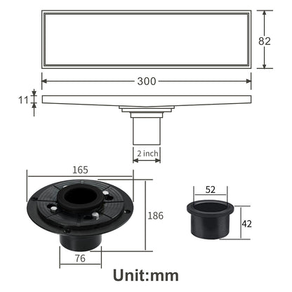 12-Inch Matte Black Rectangular Floor Drain - Square Hole Pattern Cover Grate - Removable - Includes Accessories