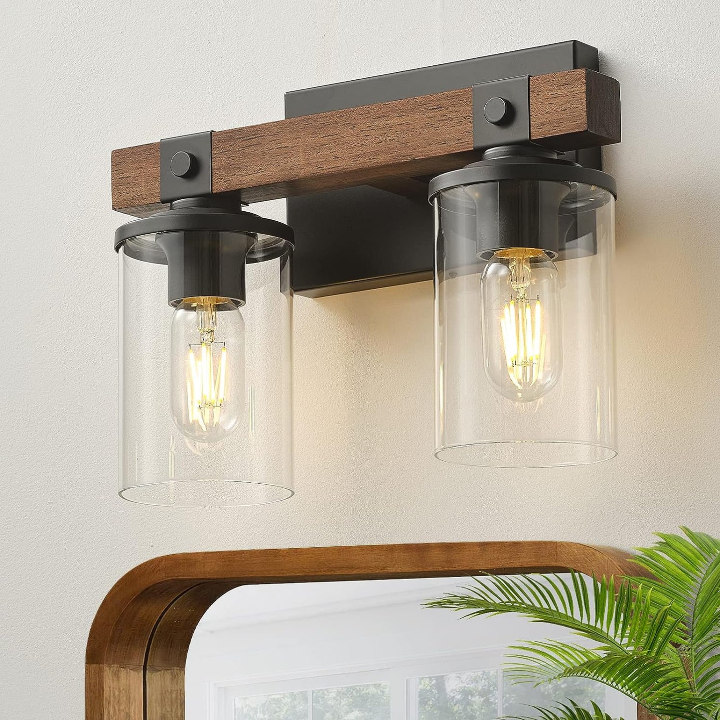 Rustic Wooden Farmhouse Vanity Wall Light with Clear Glass Shade