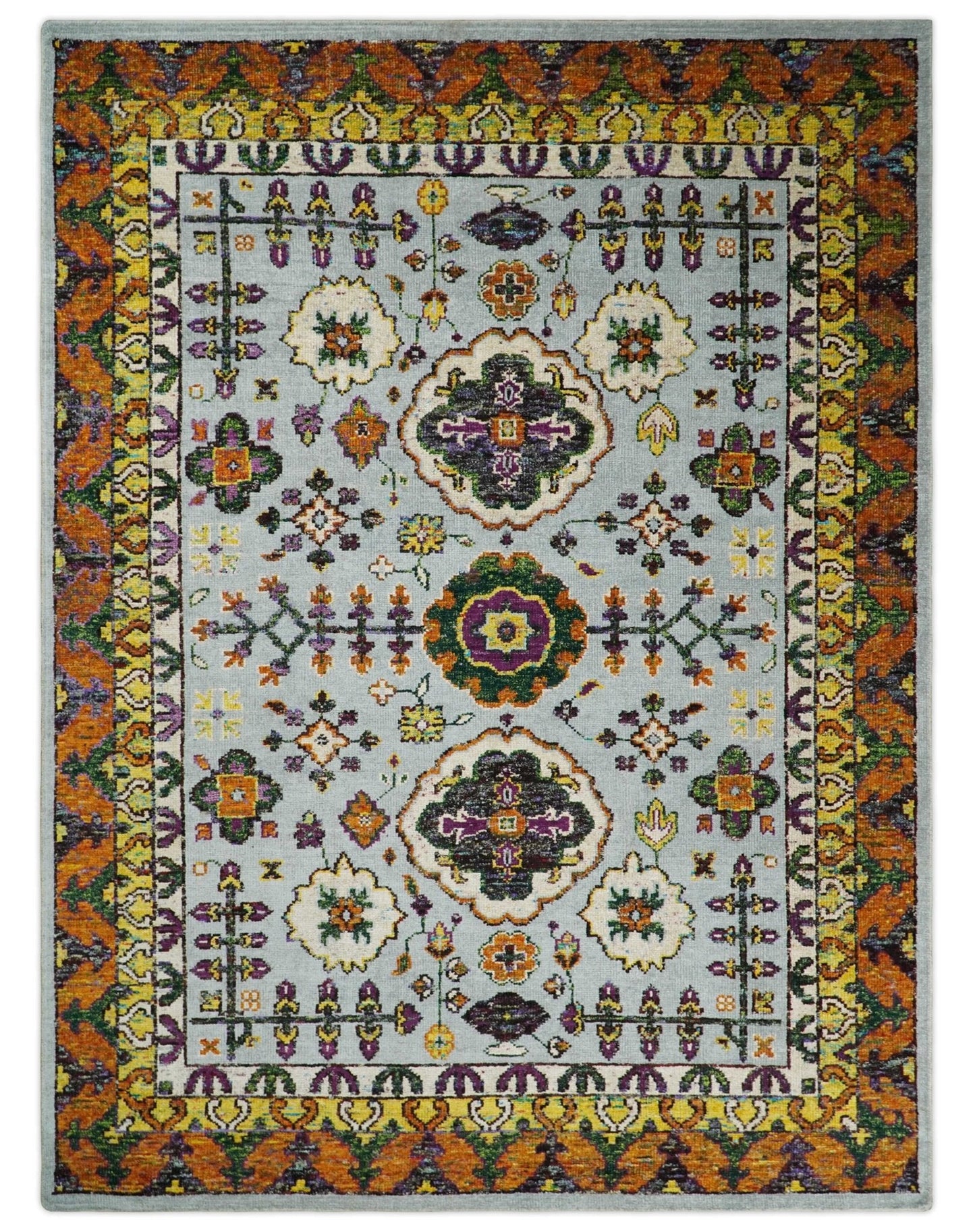 Hand Knotted Silver, Rust and Gold Persian Oushak made of Recycled Silk Area Rug