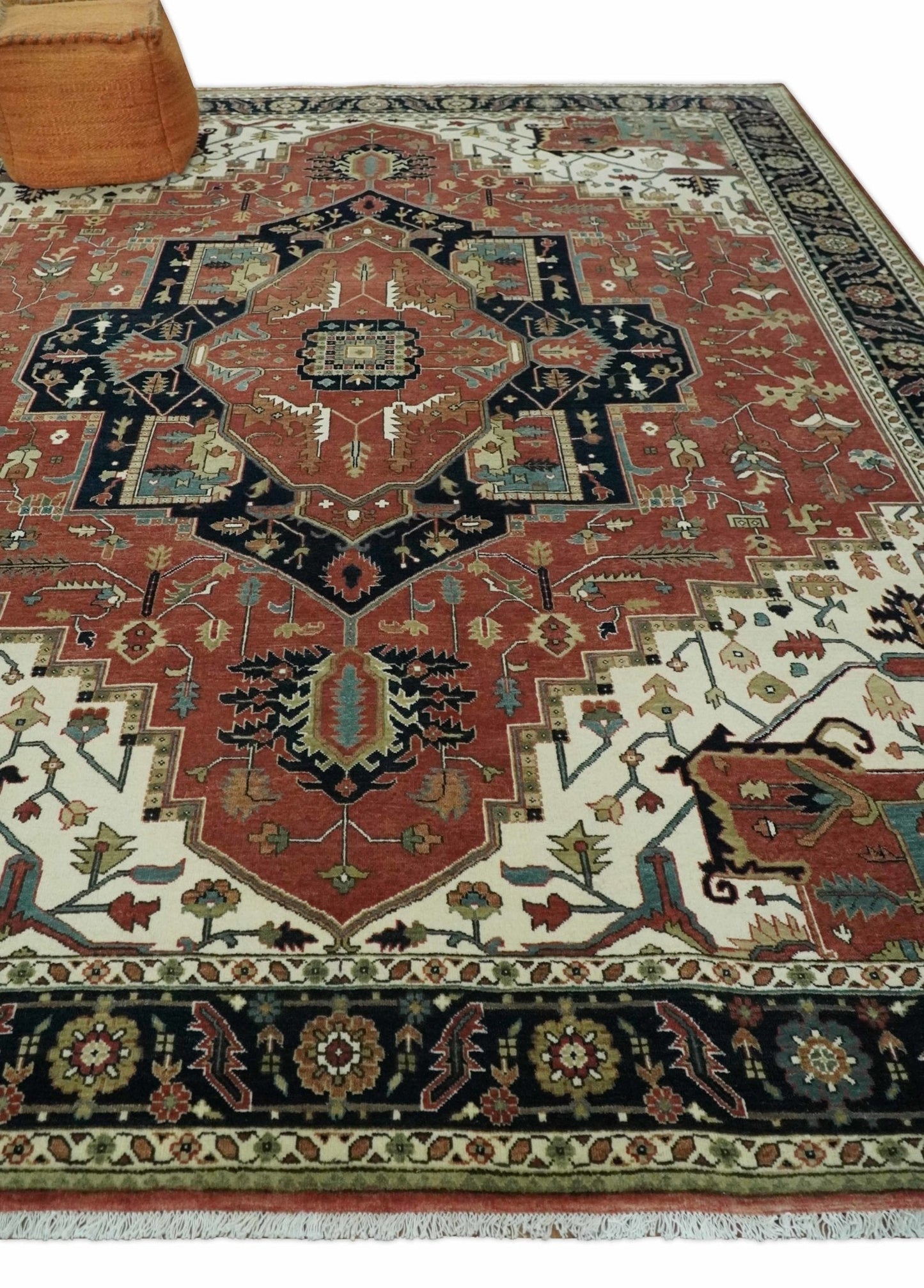 Wool Hand Knotted Heriz Serapi Black, Rust and Ivory Floral Area Rug