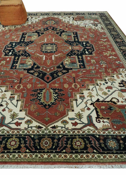 Wool Hand Knotted Heriz Serapi Black, Rust and Ivory Floral Area Rug