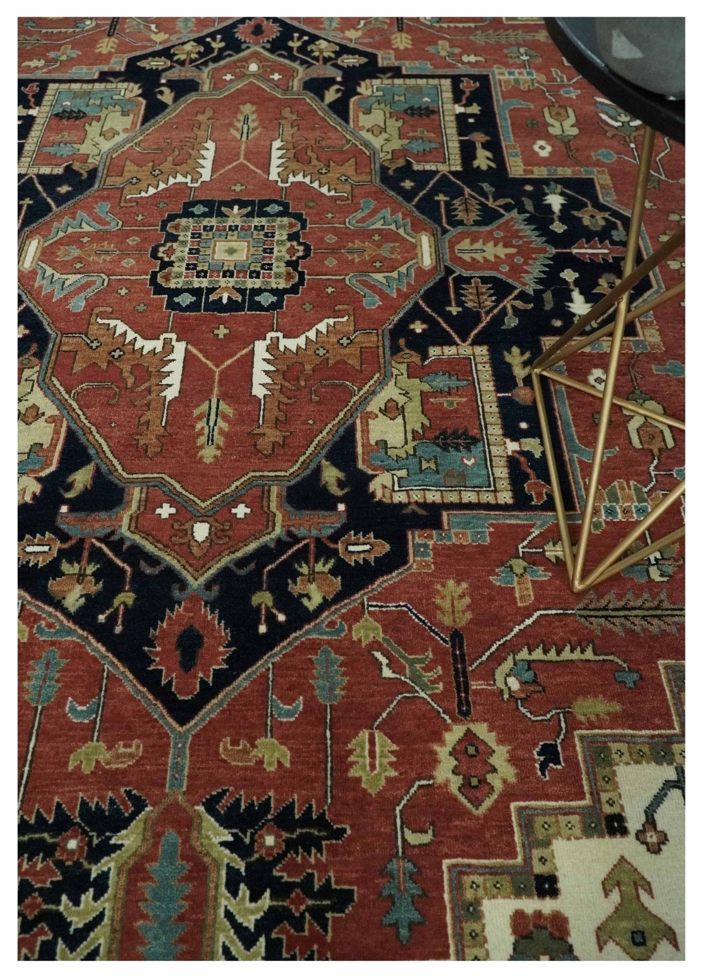 Wool Hand Knotted Heriz Serapi Black, Rust and Ivory Floral Area Rug