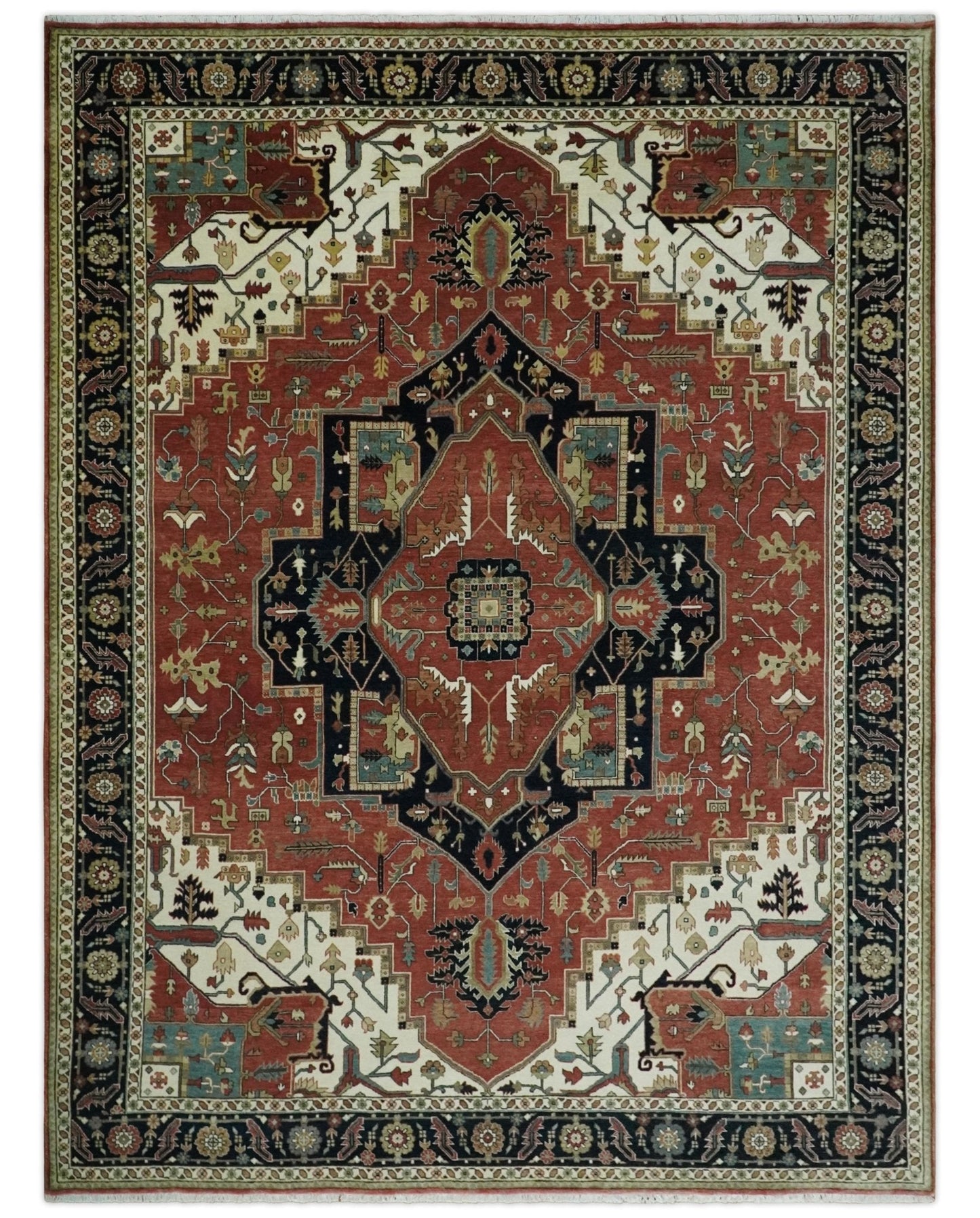 Wool Hand Knotted Heriz Serapi Black, Rust and Ivory Floral Area Rug