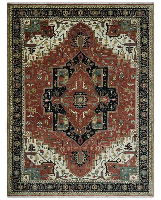 Wool Hand Knotted Heriz Serapi Black, Rust and Ivory Floral Area Rug