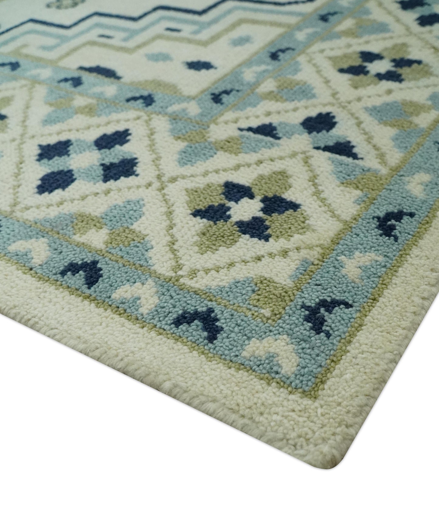 Ivory, Blue and Olive Traditional Mamluk design Custom Made wool area Rug