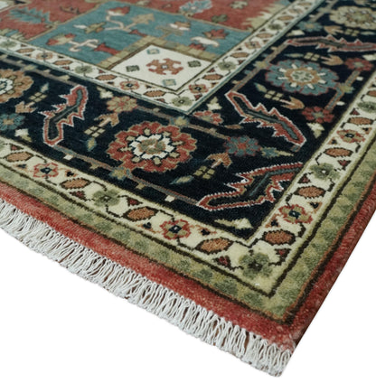 Wool Hand Knotted Heriz Serapi Black, Rust and Ivory Floral Area Rug