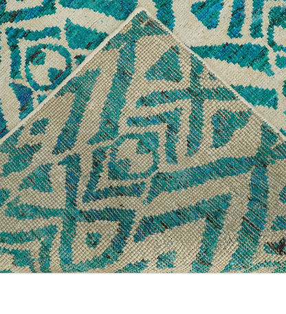 Hand Knotted Ivory and Blue Modern Contemporary Southwestern Tribal Trellis Recycled Silk Area Rug