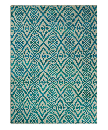 Hand Knotted Ivory and Blue Modern Contemporary Southwestern Tribal Trellis Recycled Silk Area Rug