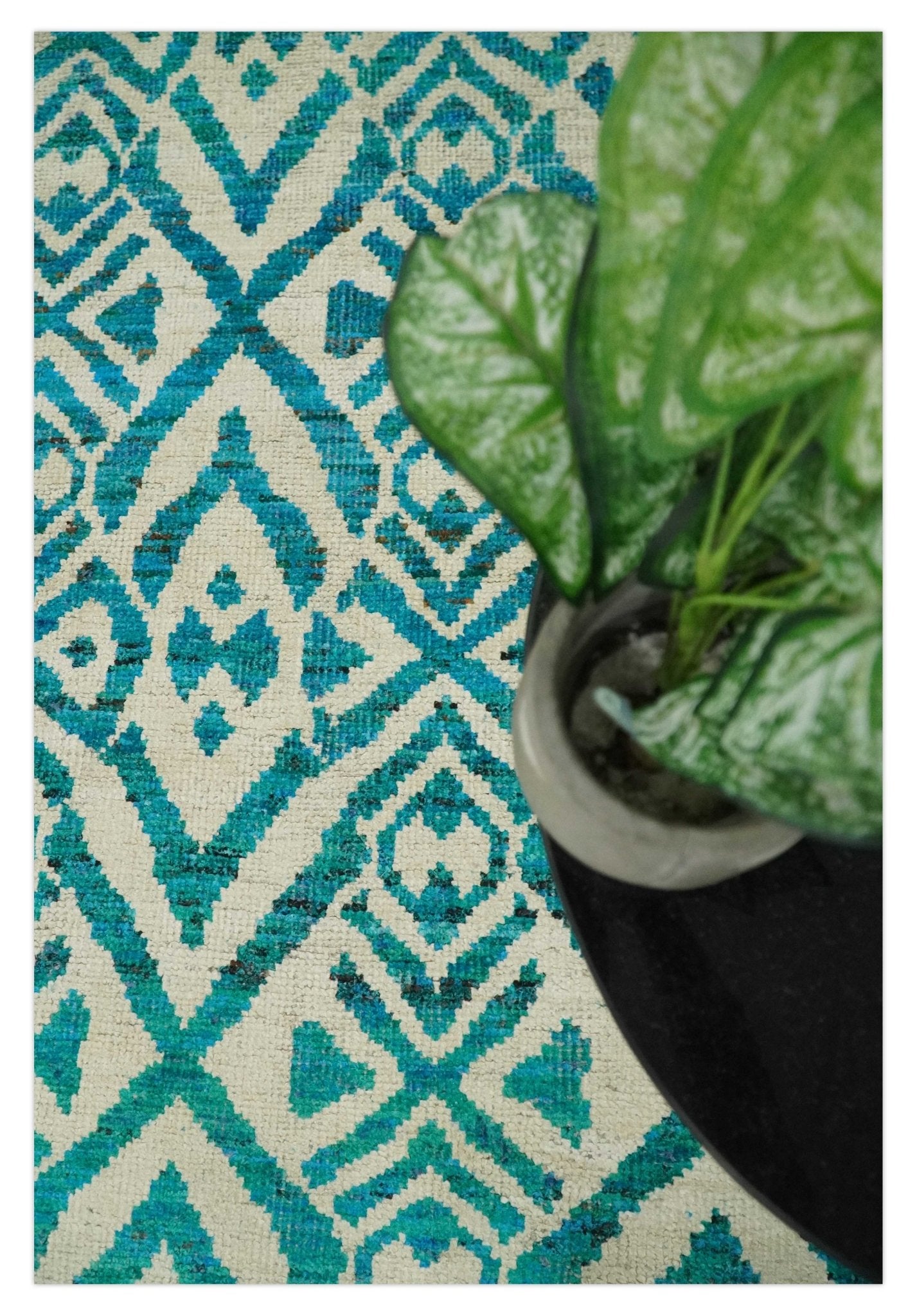 Hand Knotted Ivory and Blue Modern Contemporary Southwestern Tribal Trellis Recycled Silk Area Rug