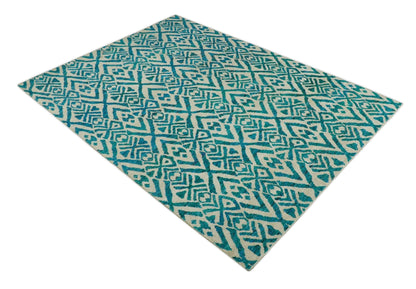 Hand Knotted Ivory and Blue Modern Contemporary Southwestern Tribal Trellis Recycled Silk Area Rug