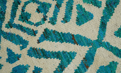 Hand Knotted Ivory and Blue Modern Contemporary Southwestern Tribal Trellis Recycled Silk Area Rug