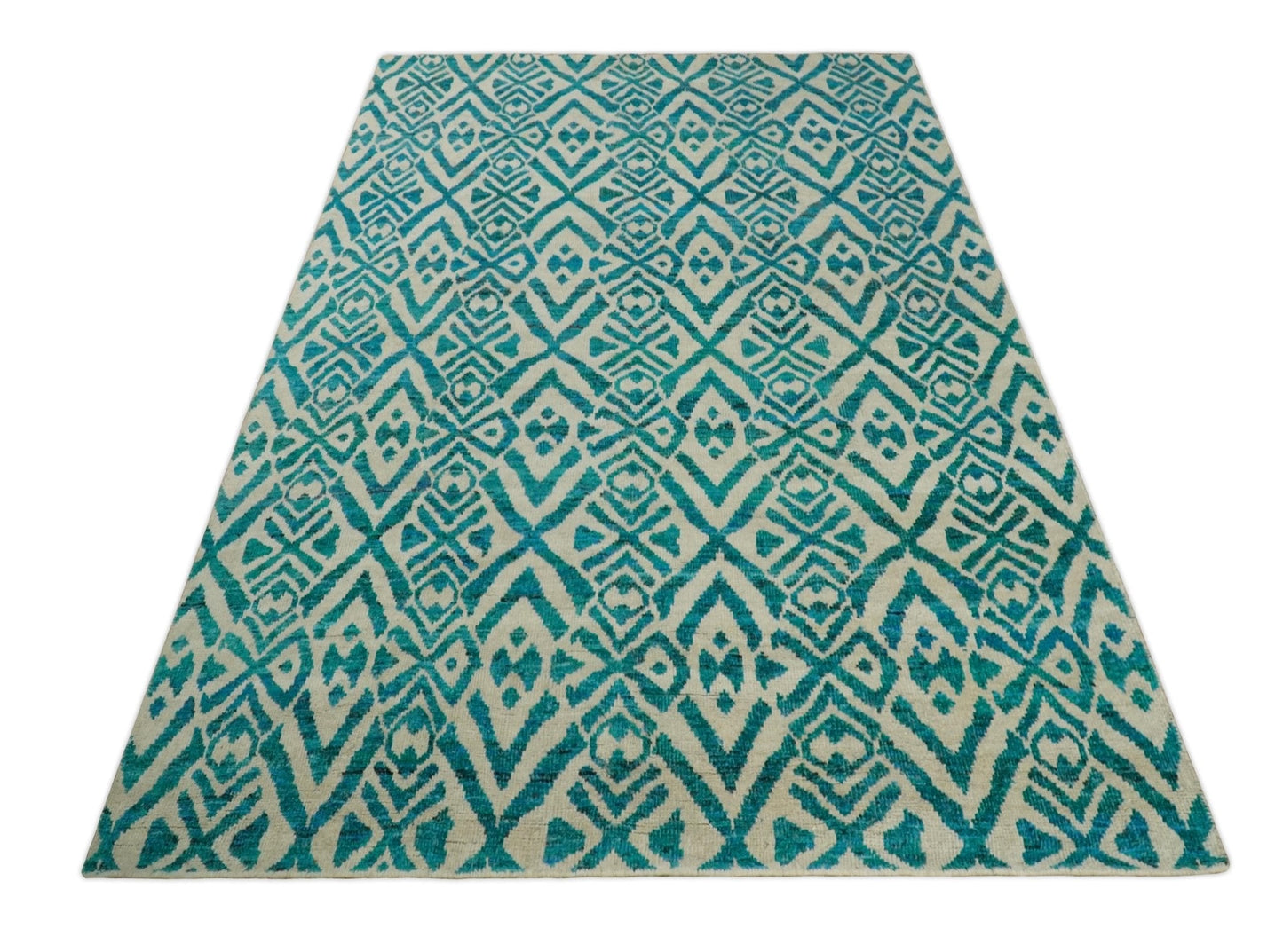 Hand Knotted Ivory and Blue Modern Contemporary Southwestern Tribal Trellis Recycled Silk Area Rug