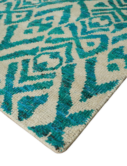 Hand Knotted Ivory and Blue Modern Contemporary Southwestern Tribal Trellis Recycled Silk Area Rug