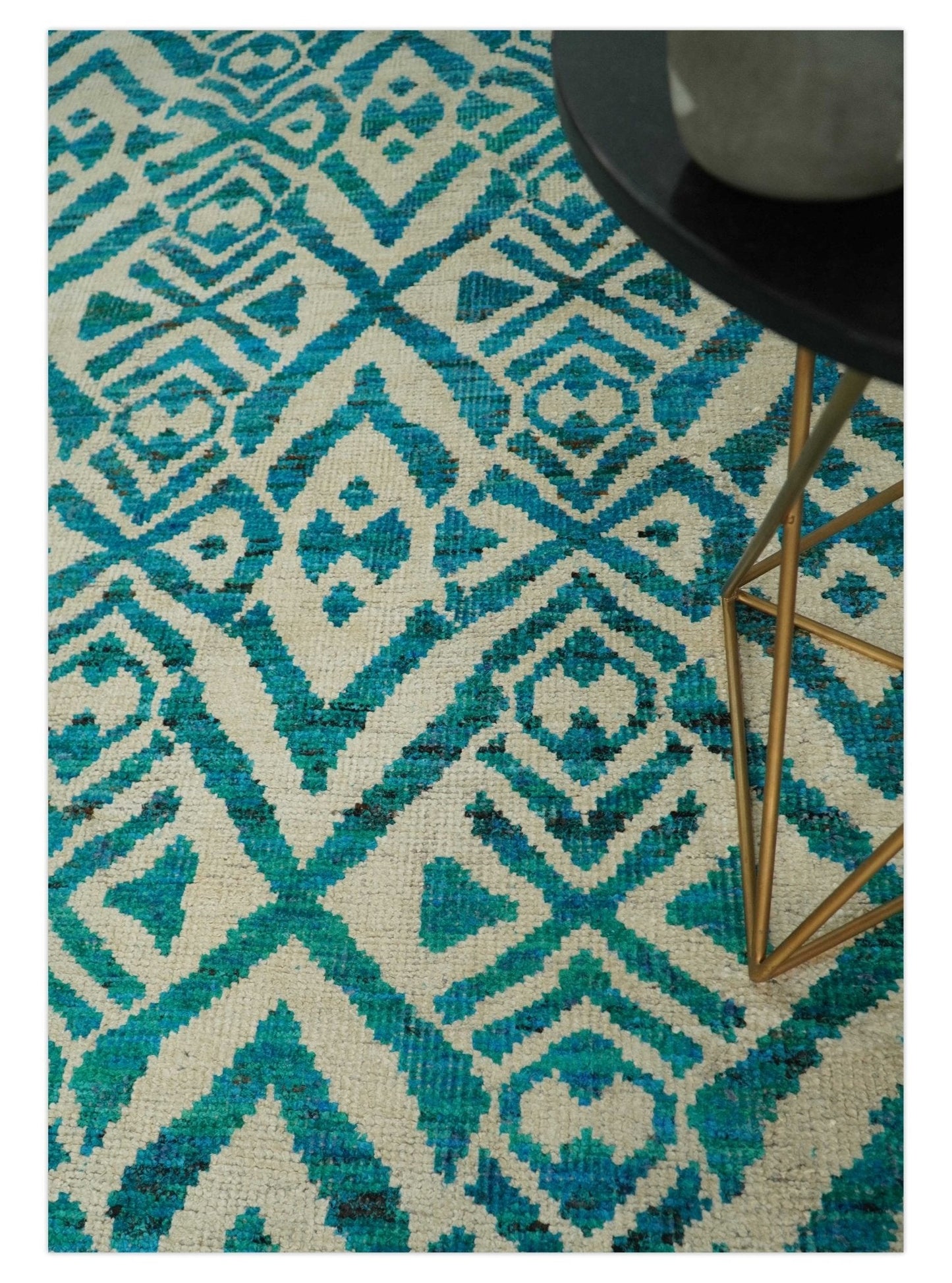 Hand Knotted Ivory and Blue Modern Contemporary Southwestern Tribal Trellis Recycled Silk Area Rug