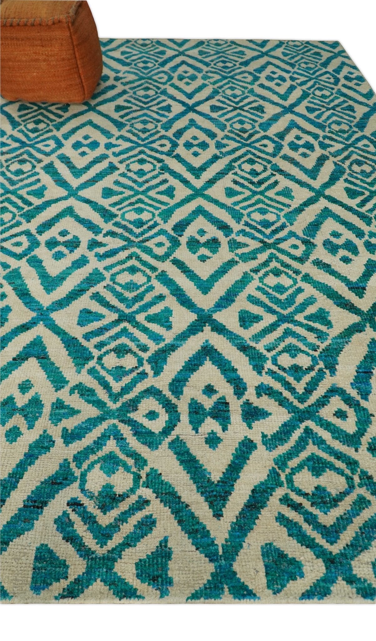 Hand Knotted Ivory and Blue Modern Contemporary Southwestern Tribal Trellis Recycled Silk Area Rug