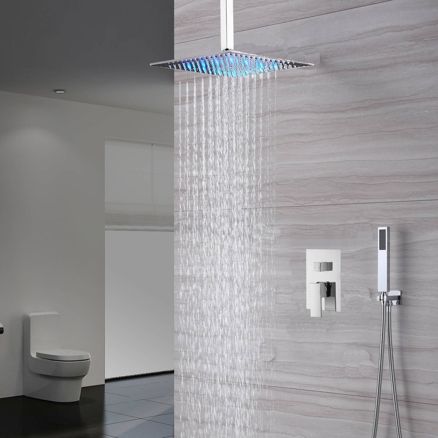 12'' or 16'' Chrome Ceiling-Mounted Rainfall Shower Head with Optional LED Light - Two-Way Shower Faucet and Handle Sprayer Included