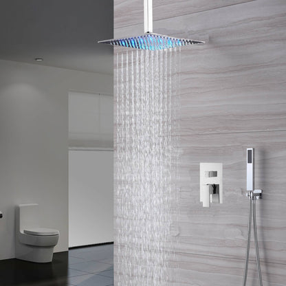 12'' or 16'' Chrome Ceiling-Mounted Rainfall Shower Head with Optional LED Light - Two-Way Shower Faucet and Handle Sprayer Included