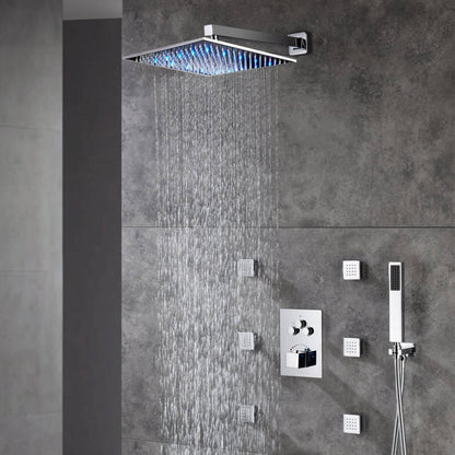 12-Inch or 16-Inch Chrome Thermostatic Shower System with Optional LED Light - Features 3-Way Functionality & Includes 6 Body Jets for Simultaneous and Separate Operation