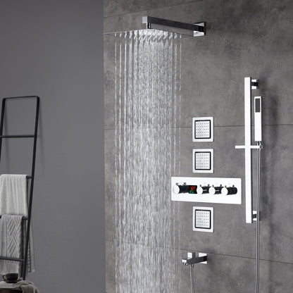 12inch  Wall mount 3 way digital thermostatic shower faucet with sliding bar and 4inch body jets