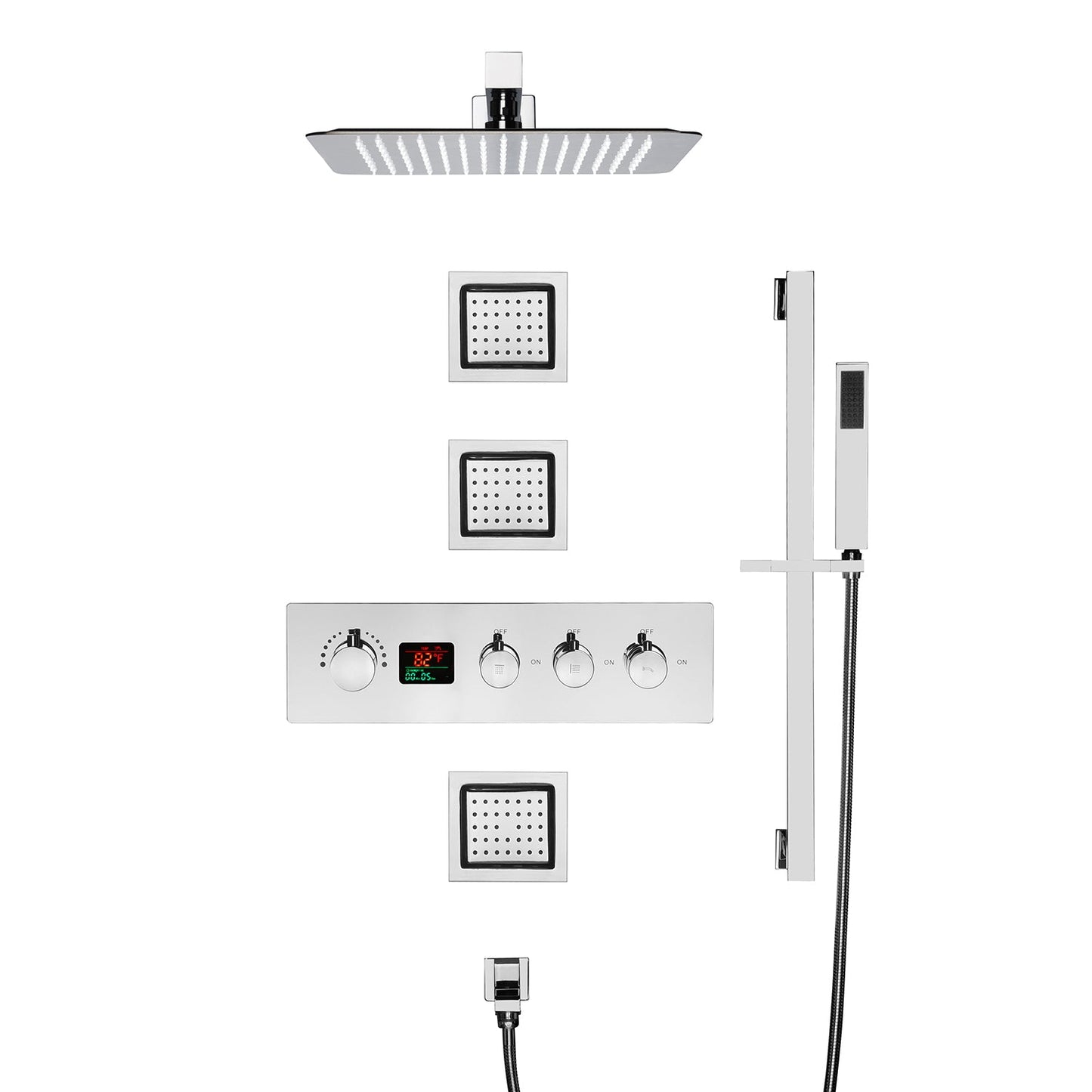 12inch  Wall mount 3 way digital thermostatic shower faucet with sliding bar and 4inch body jets