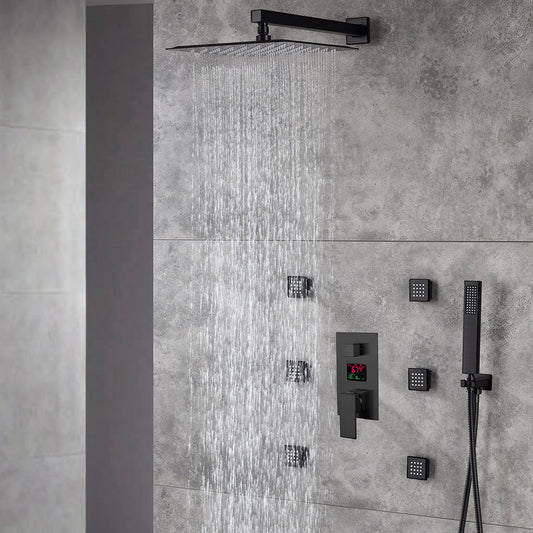 12-Inch or 16-Inch Matte Black Rain Showers with 3-Way Anti-Scald Digital Display Valve, Trim, and 6 Body Jets