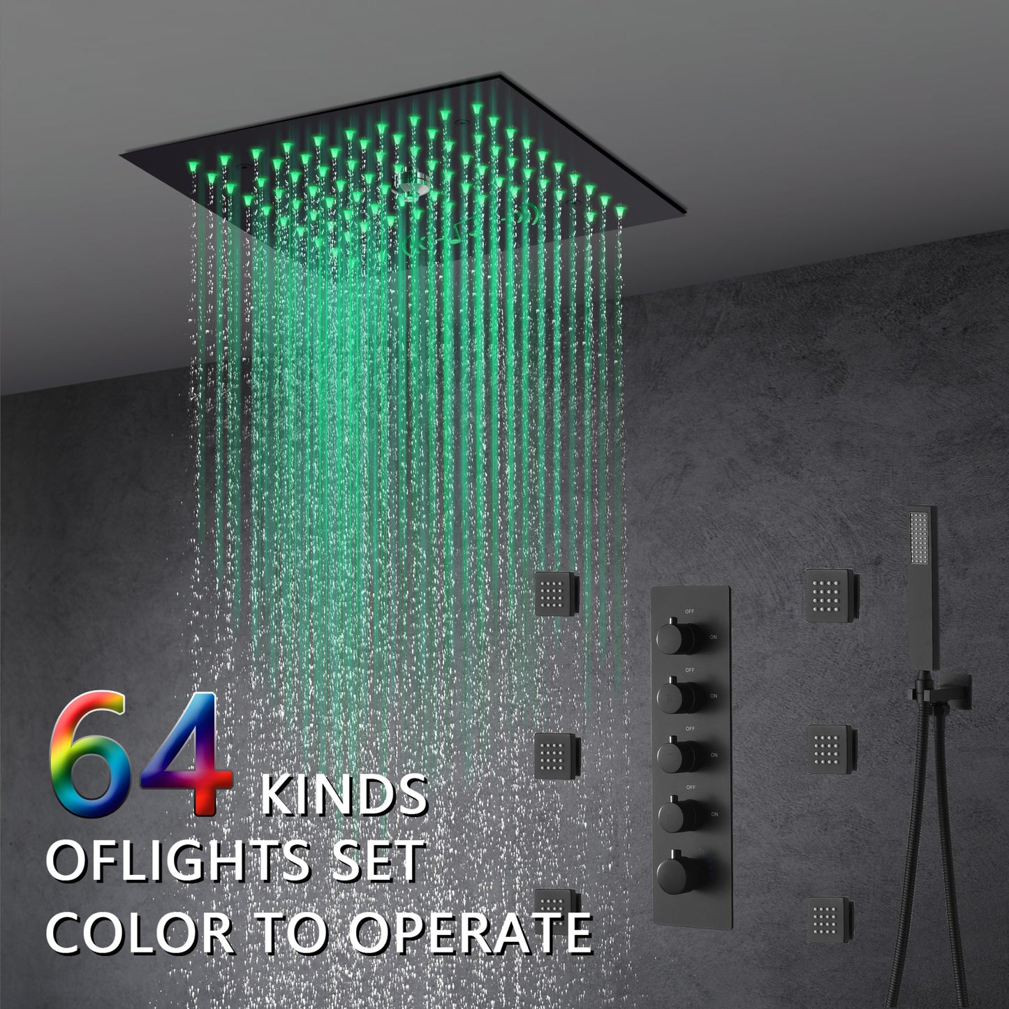 12-Inch Flush-Mount Matte Black Thermostatic Shower Faucet: 4-Way Control, 64-Color LED Lighting, Bluetooth Music, Optional Digital Display, and Body Sprayers